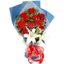 12 red roses with 1 lilie in  bouquet